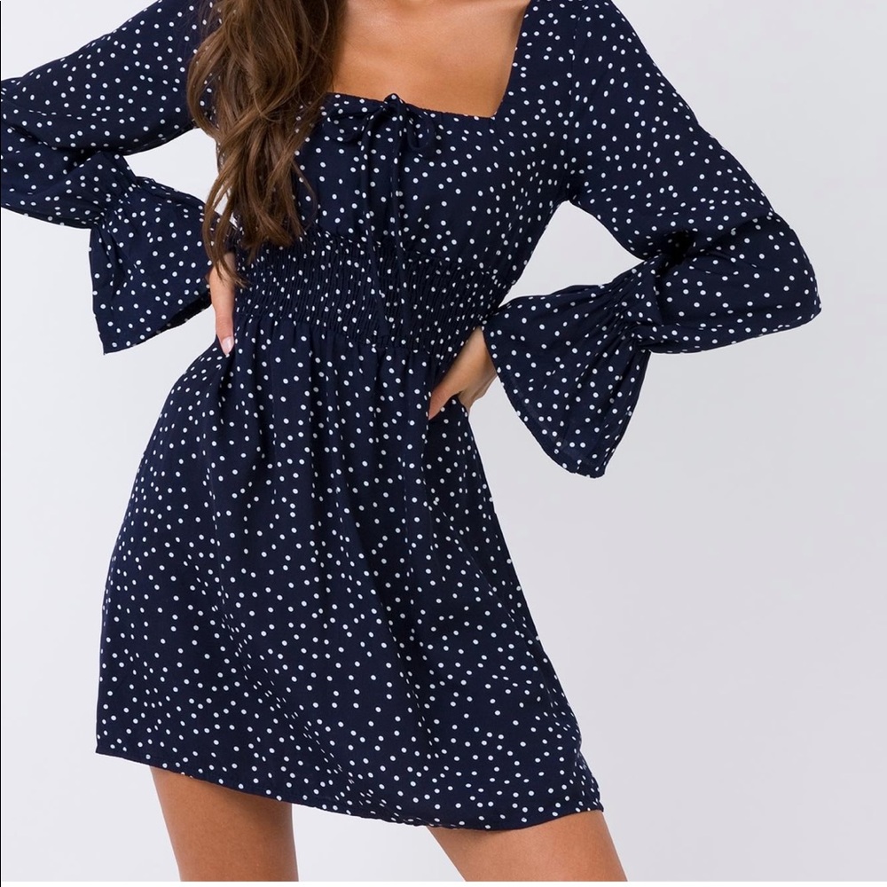 Princess Polly navy blue polka dot dress